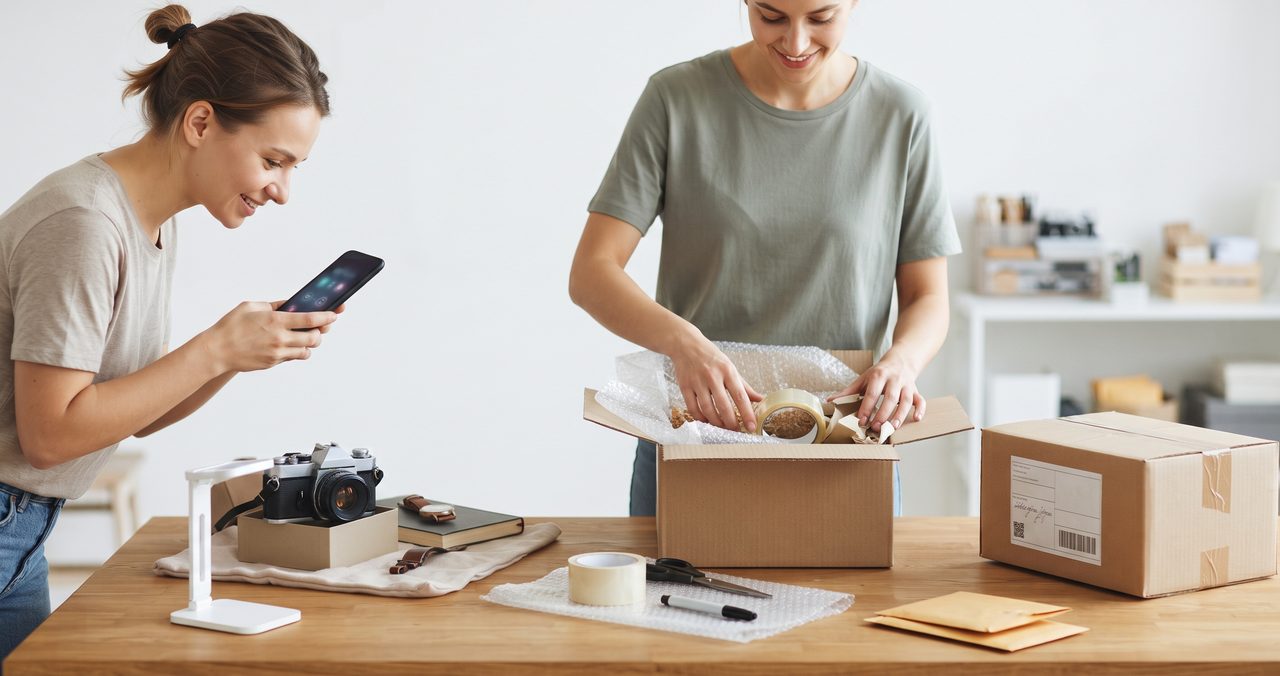 スマートフォンでカメラを撮影して出品準備をする女性と、隣で緩衝材を使って商品を梱包しているもう一人の女性、テーブルには発送用の段ボール箱が置かれている