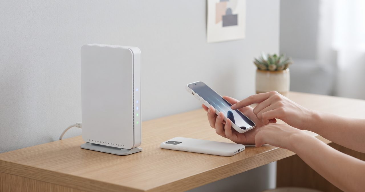 リビングの棚に置かれたインターネットルーターの機器の横で、スマートフォンを操作している人の手元