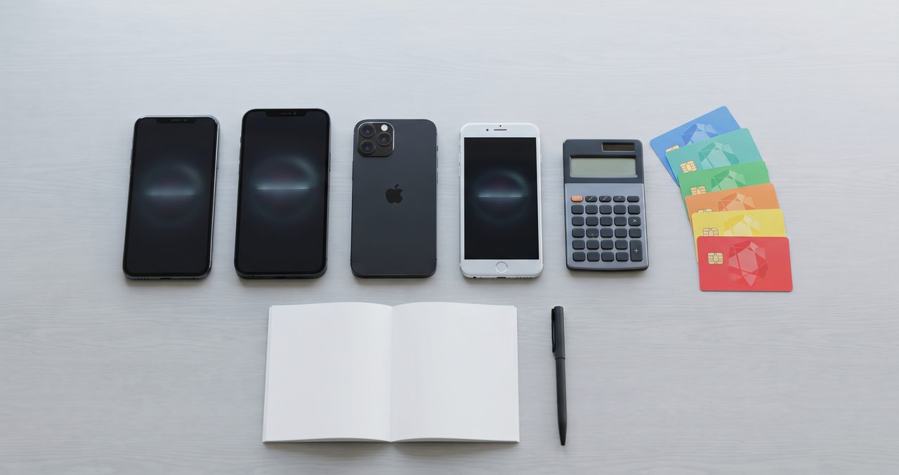 テーブルの上に複数のスマートフォンとICカードを並べて、決済手段の使い分けを検討している様子