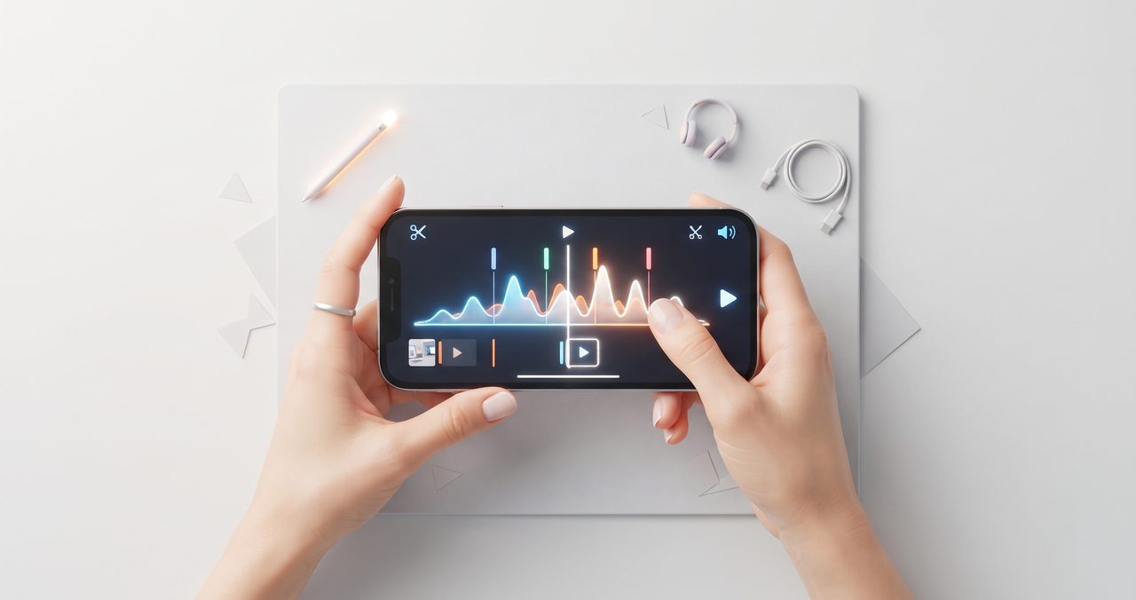 スマホを操作しながら動画編集をしている人の手元、画面には文字は表示されていない様子
