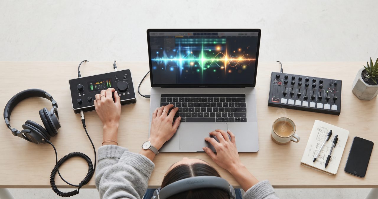 ヘッドホンをつけてパソコン画面を見ながら音声編集をしている人の手元