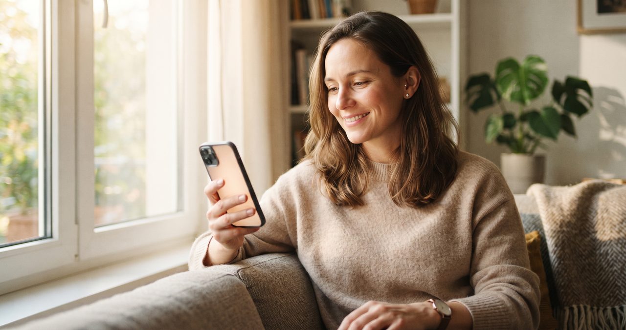 窓辺でスマートフォンの画面を確認している人物