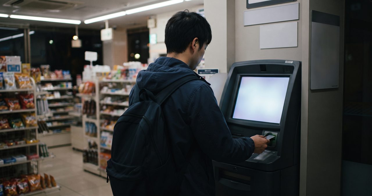 コンビニのATMコーナーで操作をしている人物の後ろ姿
