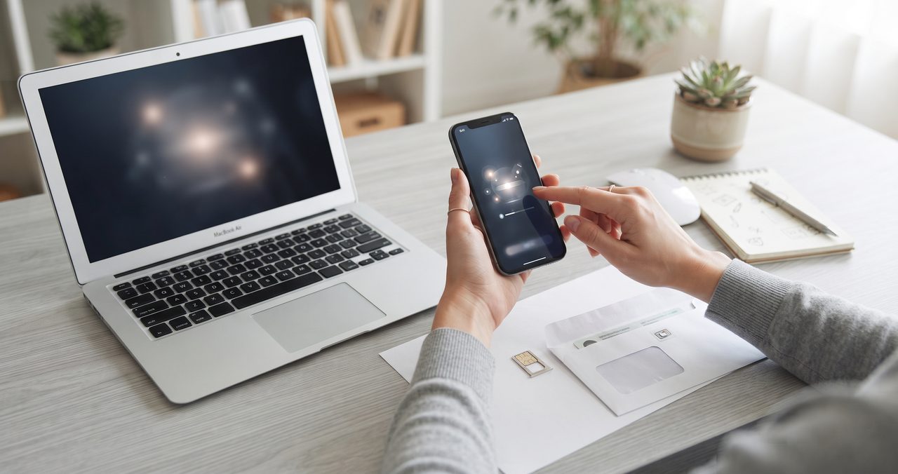 自宅のデスクでノートパソコンとスマートフォンを操作しながらオンラインで申し込み手続きを進めている人物の手元の写真