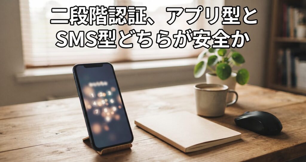 セキュリティ対策のイメージ、木製デスクに置かれたスマートフォンの認証画面とノート・コーヒーカップ