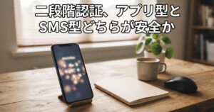 セキュリティ対策のイメージ、木製デスクに置かれたスマートフォンの認証画面とノート・コーヒーカップ