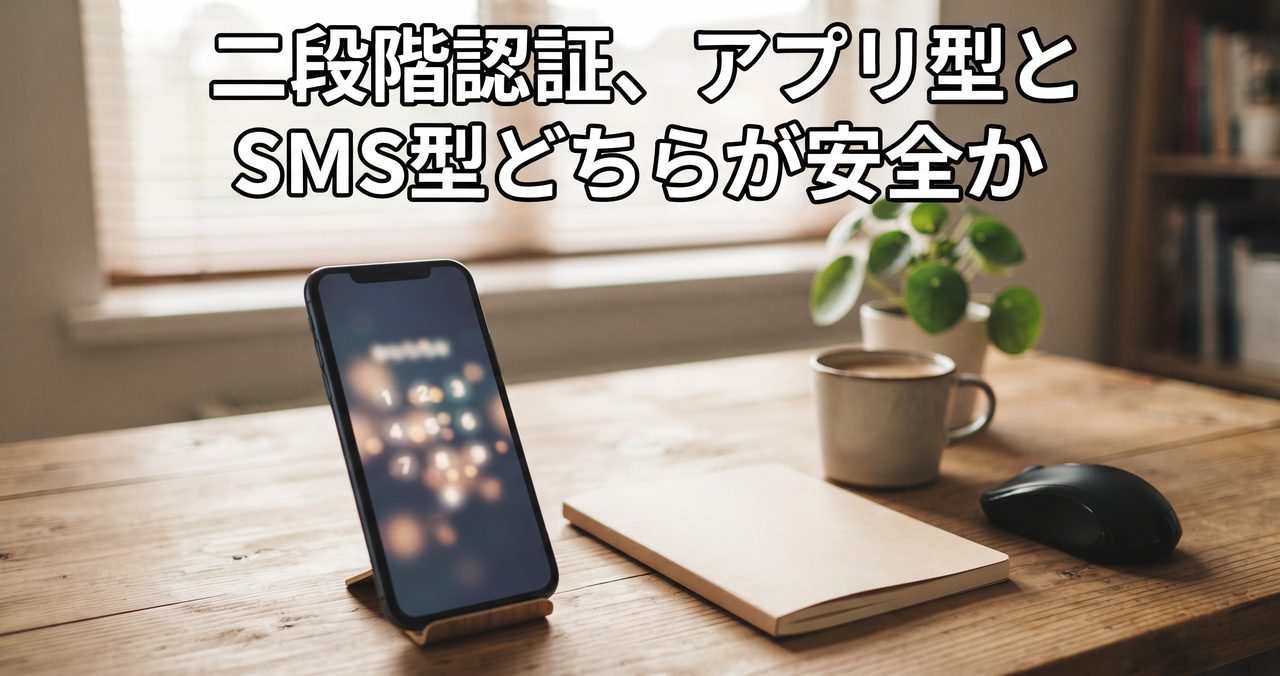 セキュリティ対策のイメージ、木製デスクに置かれたスマートフォンの認証画面とノート・コーヒーカップ