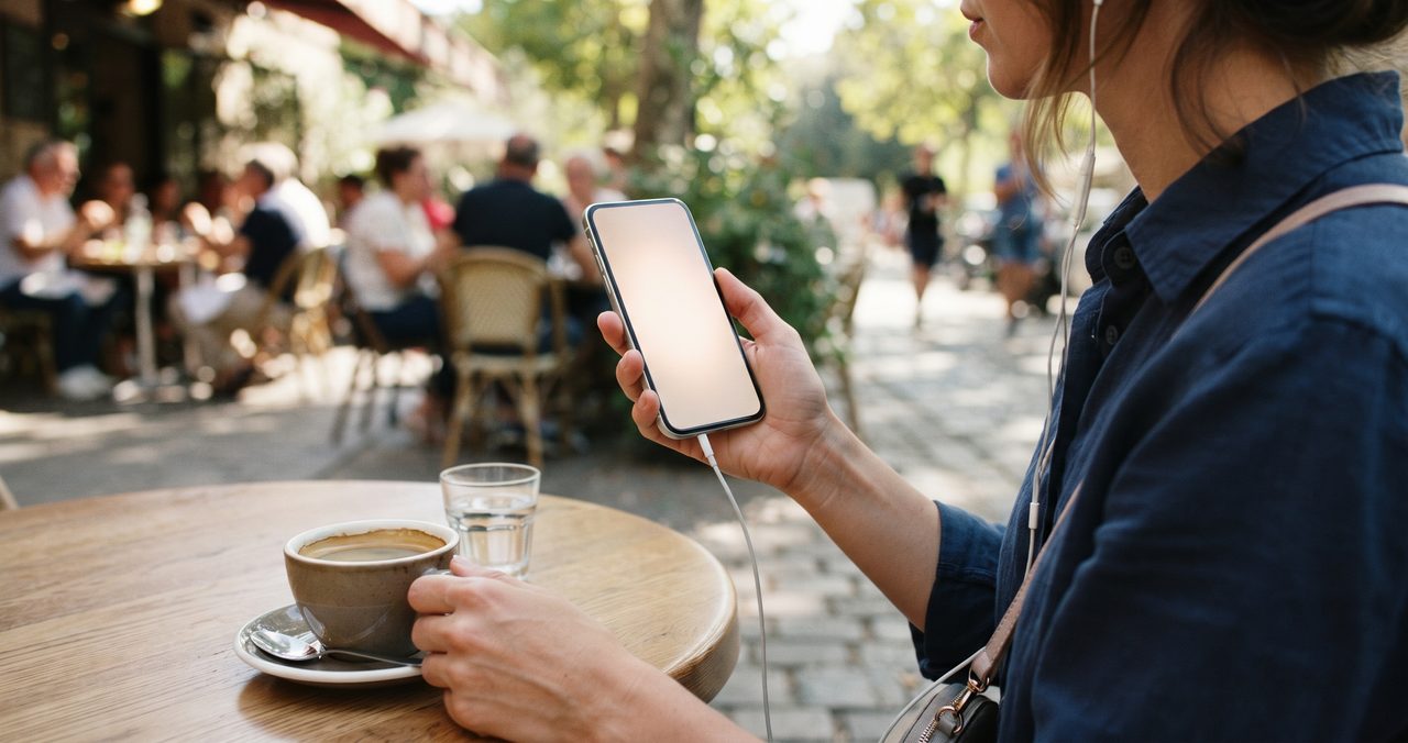 屋外のカフェでスマートフォンとイヤホンを使って音楽を聴いている人物の手元を写したクローズアップ写真