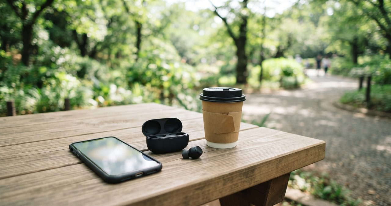公園のベンチでスマートフォンとイヤホン、コーヒーを並べて撮影した、外出先で動画を楽しむシーンをイメージした物撮り写真