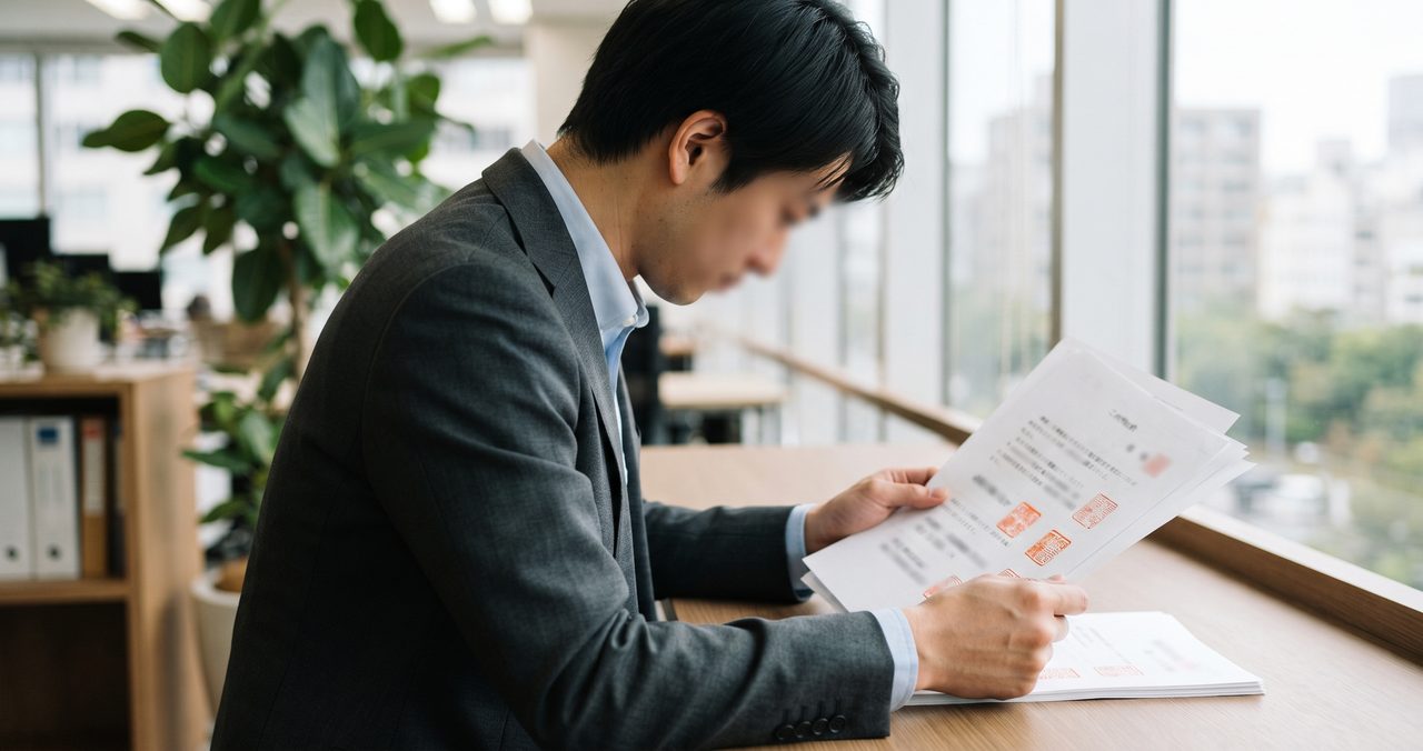 オフィスでスーツ姿のビジネスパーソンが朱色の印影が押された書類を確認している様子を撮影した写真、電子印鑑を押した書類をメールで送る前のイメージ