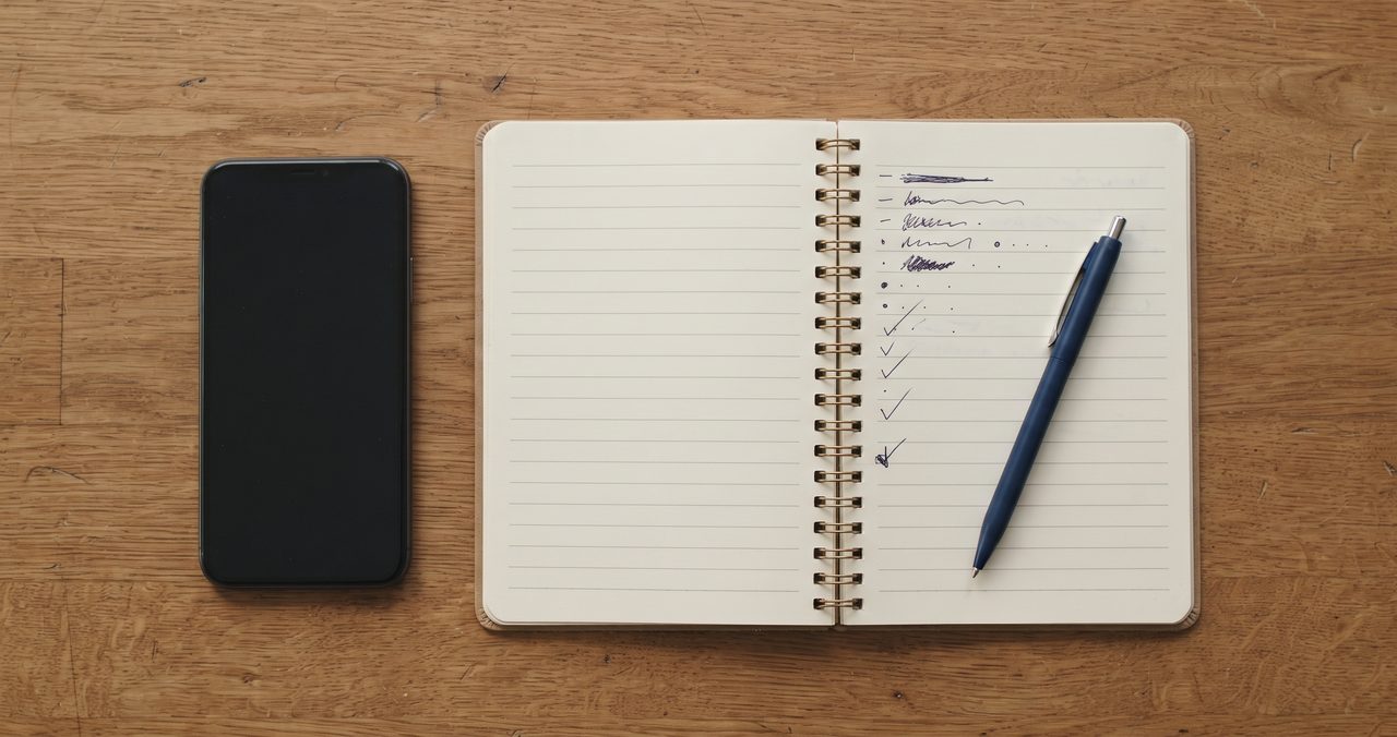 画面がオフのスマートフォンと手書きのチェックリストが書かれたノートが並べて置かれている俯瞰写真、機種変更前の事前準備をイメージした情景
