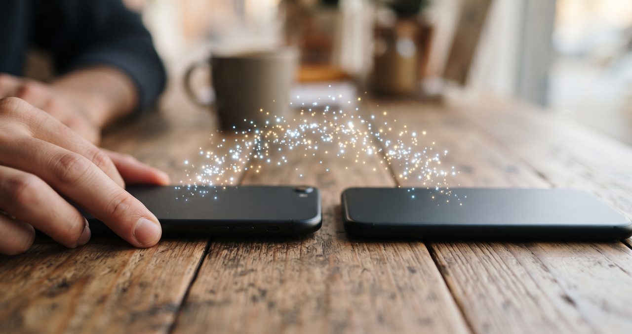画面がオフの2台のスマートフォンが向かい合って置かれ間に光の粒子が漂っている手元の写真、データを新端末へ引き継ぐイメージ